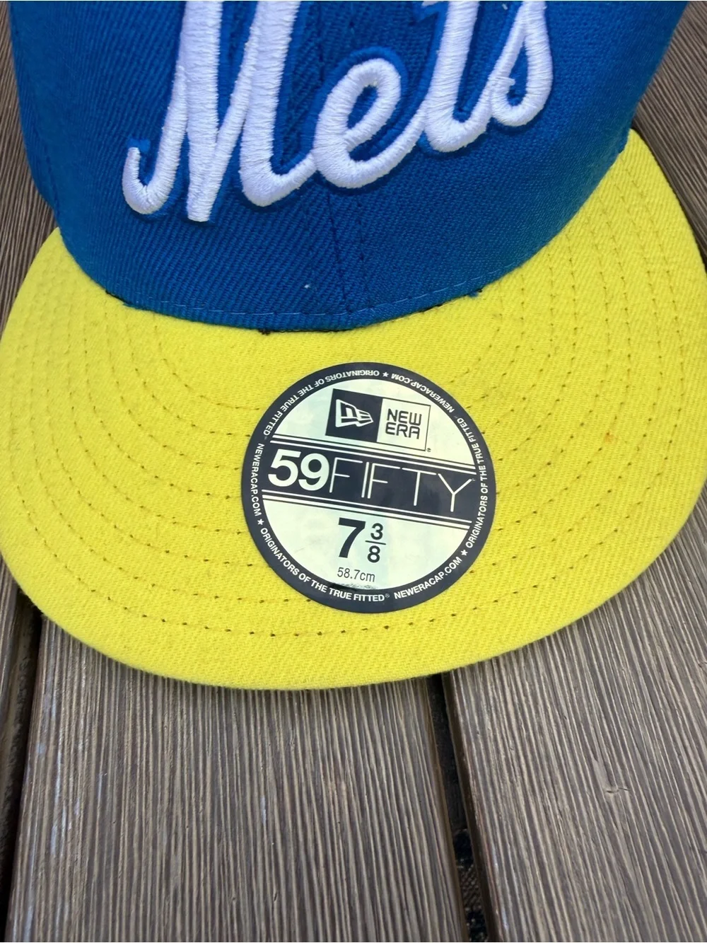 New Era 59FIFTY New York Mets Fitted Hat Blue Yellow Size 7 3/8 MLB Cap